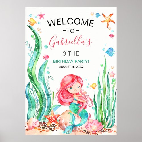 Cute Watercolor Mermaid Under the Sea Birthday Pos Poster
