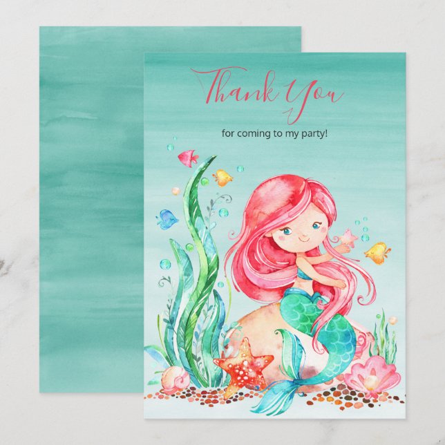Cute Watercolor Mermaid Under the Sea Birthday Tha Thank You Card (Front/Back)