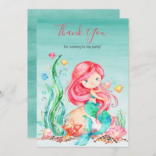 Cute Watercolor Mermaid Under the Sea Birthday Tha Thank You Card