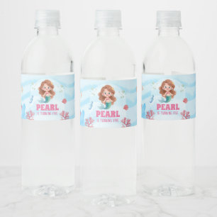 Cute Watercolor Mermaid Under the Sea Birthday Water Bottle Label
