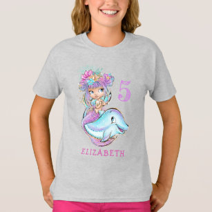 Cute Watercolor Mermaid with Dolphin Birthday T-Shirt