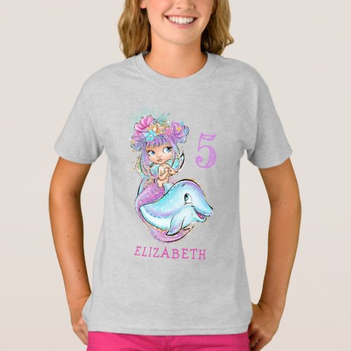 Cute Watercolor Mermaid with Dolphin Birthday T_Shirt