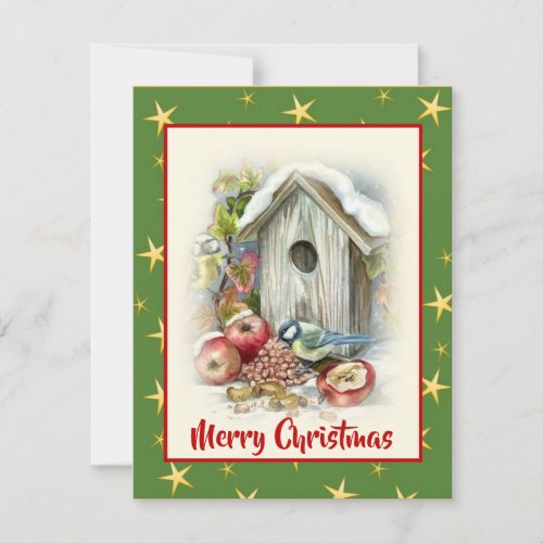 Cute Watercolor Merry Christmas Bird Snow Stars Holiday Card