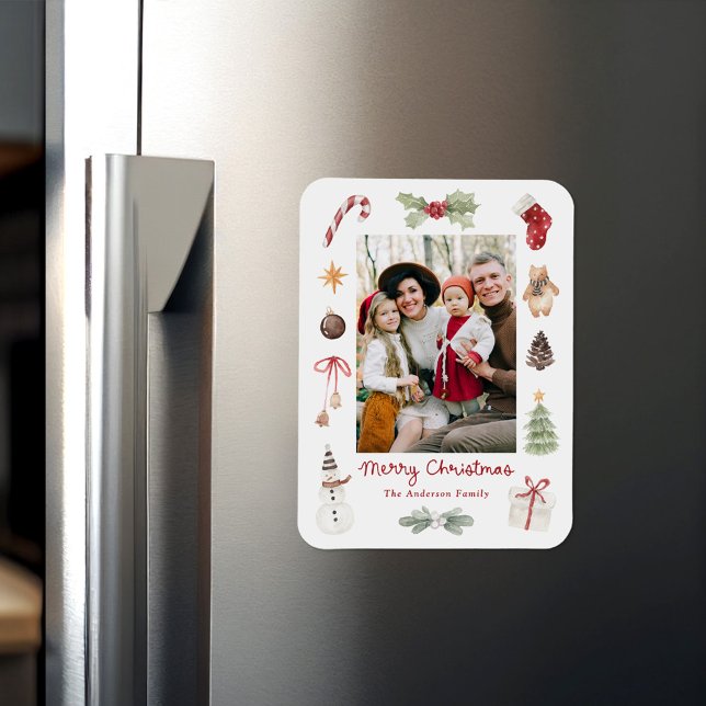 Cute Watercolor Merry Christmas Family Photo Magnet (Creator Uploaded)