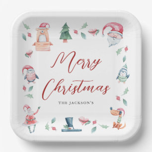 Cute Watercolor Merry Christmas Personalized  Paper Plates