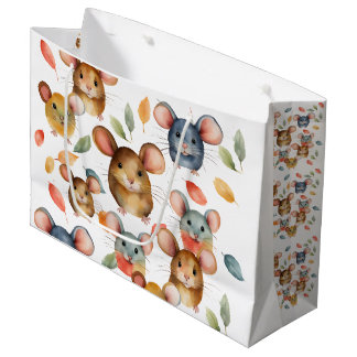 Cute Watercolor Mice and Autumn Leaves Pattern Large Gift Bag