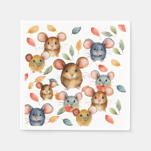 Cute Watercolor Mice and Autumn Leaves Pattern Napkins