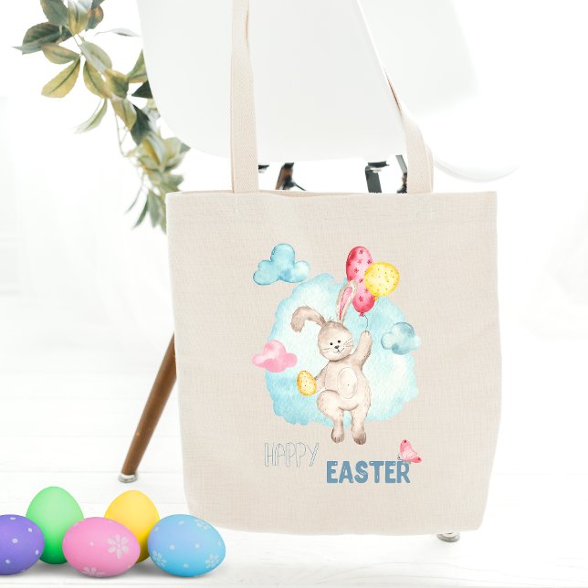 Cute Watercolor Modern Happy Easter Bunny Balloons Tote Bag (Creator Uploaded)