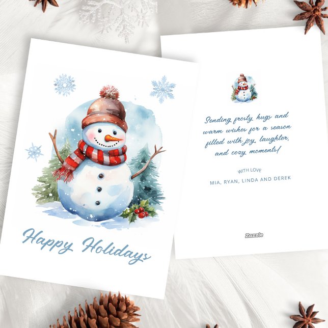 Cute Watercolor Modern Red Blue White Snowman Holiday Card (Creator Uploaded)