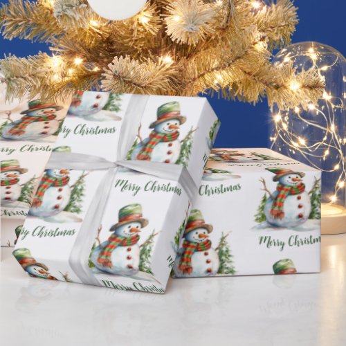 Cute Watercolor Modern Red Green Snowman Christmas Wrapping Paper