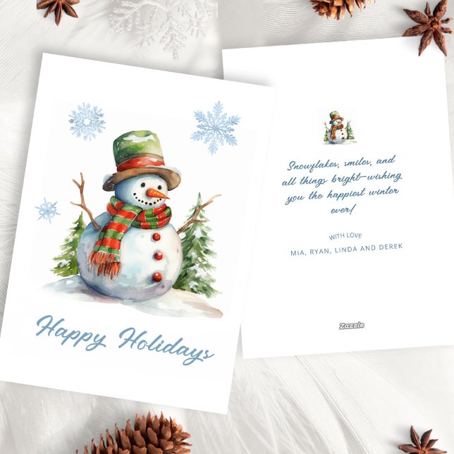 Cute Watercolor Modern Red Green White Snowman Holiday Card (Creator Uploaded)
