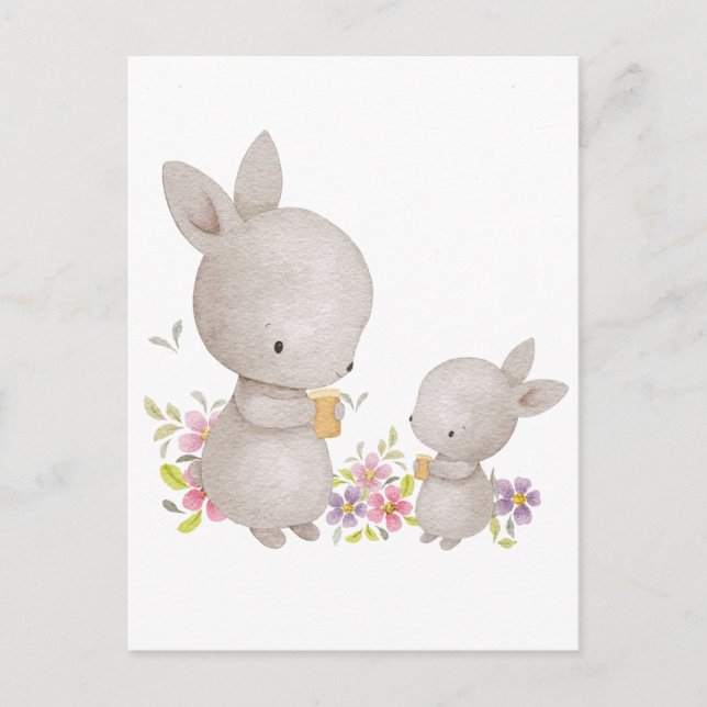 Cute Watercolor Mom and Baby Bunnies Postcard (Front)