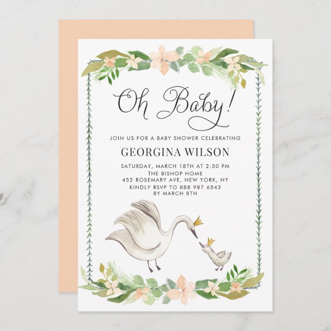 Cute Watercolor Mommy and Baby Swans Baby Shower Invitation (Front/Back)