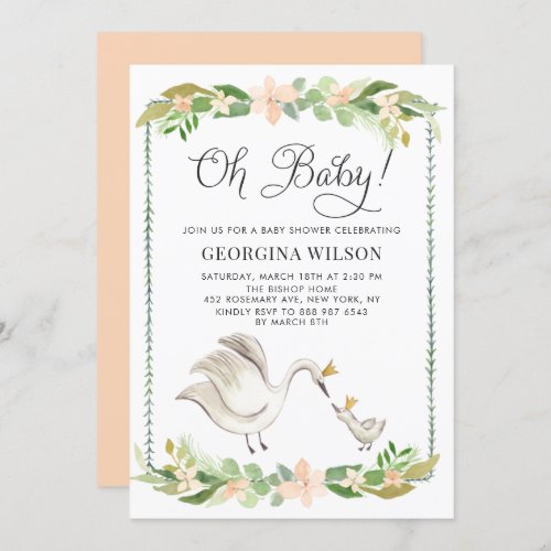 Cute Watercolor Mommy and Baby Swans Baby Shower Invitation