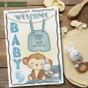 Cute Watercolor Monkey Baby Boy Pregnancy Card