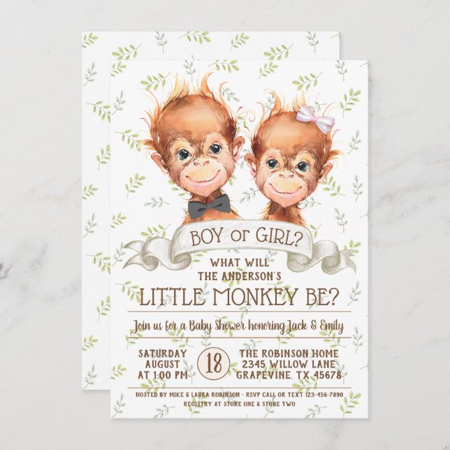 Cute Watercolor Monkey Gender Reveal Invitation (Front/Back)