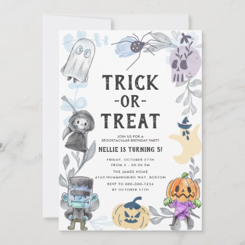 Cute Watercolor Monsters Halloween Birthday Party Invitation