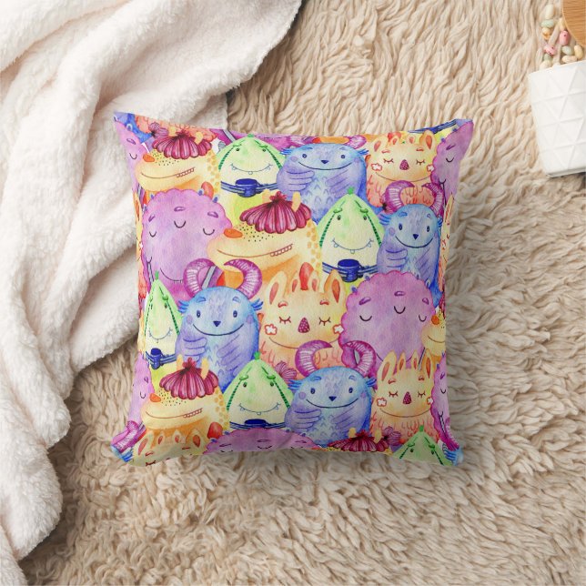 Cute Watercolor Monsters Throw Pillow (Blanket)