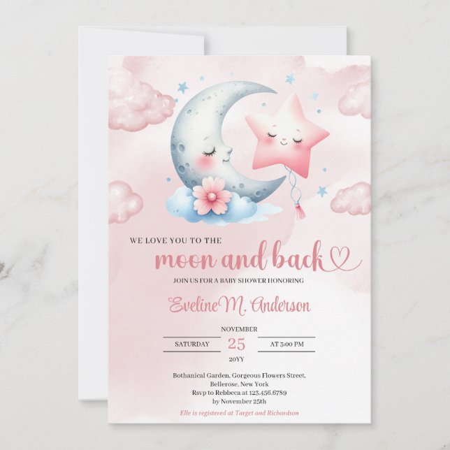 Cute watercolor moon and pink star baby shower invitation (Front)