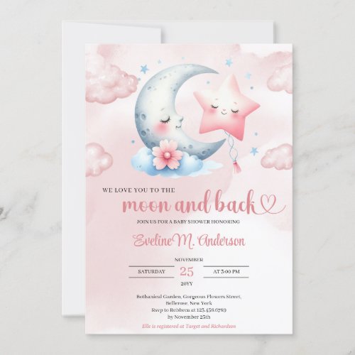 Cute watercolor moon and pink star baby shower invitation