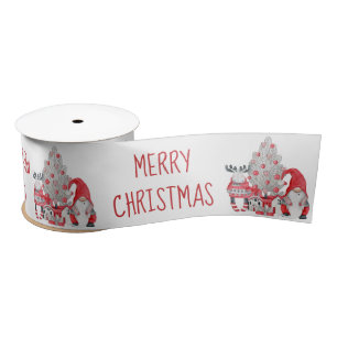Cute Watercolor Moose Gnome Christmas Tree Satin Ribbon