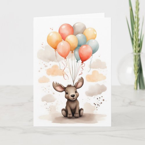 Cute Watercolor Moose Red Blue Balloons Blank Card