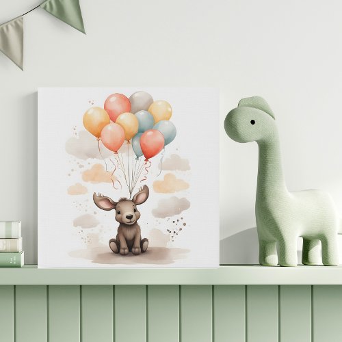 Cute Watercolor Moose Red Blue Balloons Nursery Faux Canvas Print