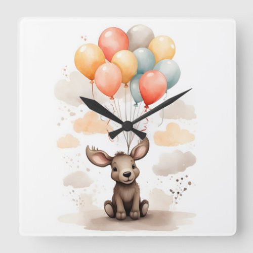 Cute Watercolor Moose Red Blue Balloons Nursery Square Wall Clock