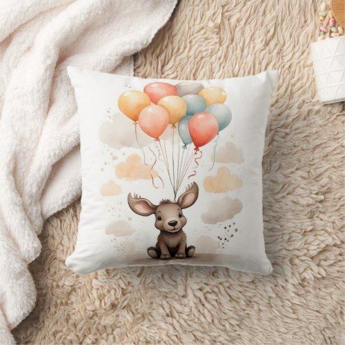 Cute Watercolor Moose Red Blue Balloons Nursery Throw Pillow