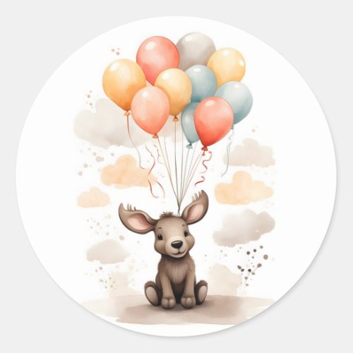 Cute Watercolor Moose Red Blue Yellow Balloons Classic Round Sticker