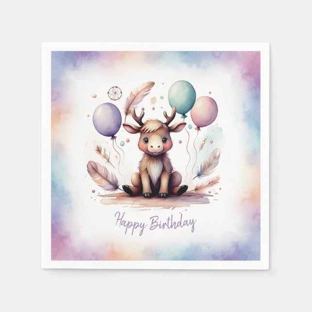 Cute Watercolor Moose with Balloons Birthday  Napkins (Front)