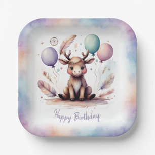 Cute Watercolor Moose with Balloons Birthday Paper Plates