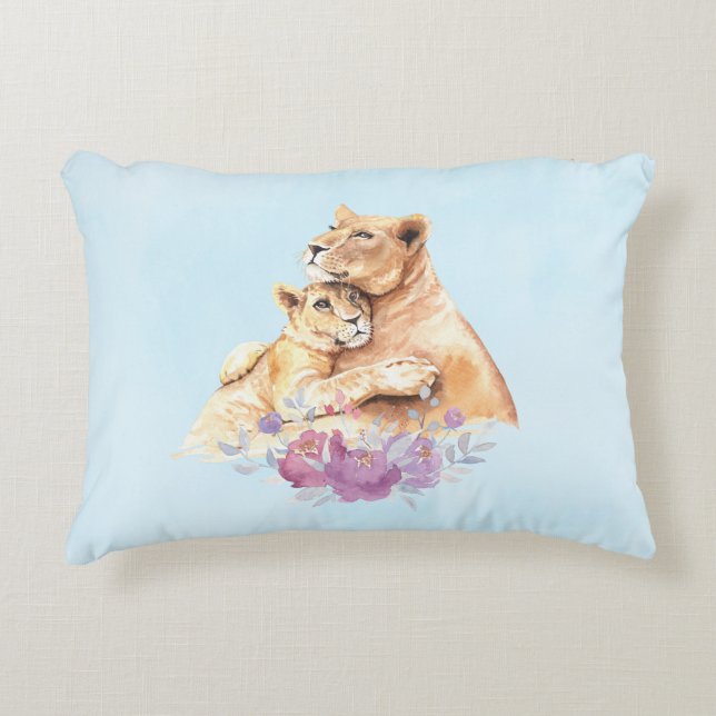 Cute Watercolor Mother Lion & Cub Accent Pillow (Front)