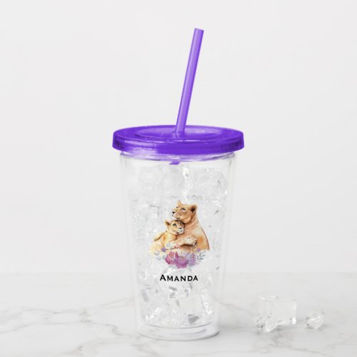 Cute Watercolor Mother Lion  Cub Acrylic Tumbler