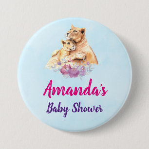 Cute Watercolor Mother Lion & Cub Baby Shower Button