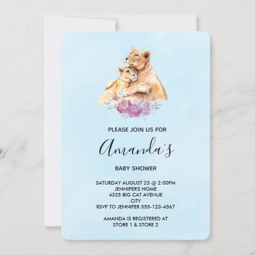 Cute Watercolor Mother Lion  Cub Baby Shower Invitation