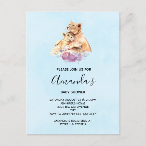 Cute Watercolor Mother Lion  Cub Baby Shower Invitation Postcard