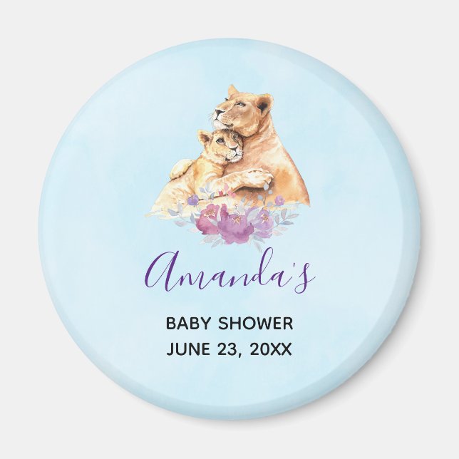 Cute Watercolor Mother Lion & Cub Baby Shower Magnet (Front)