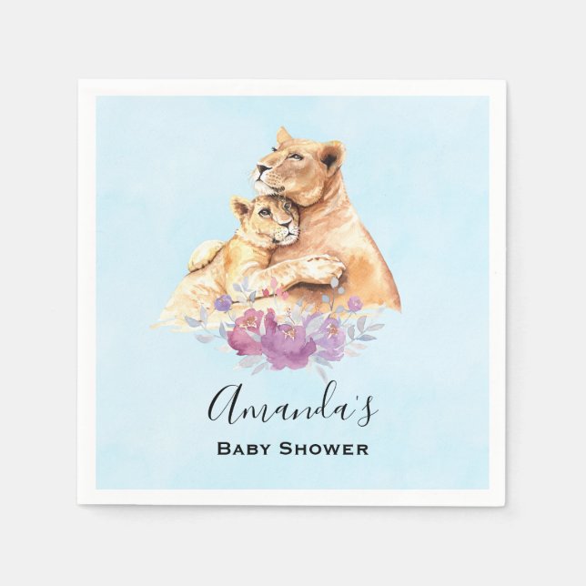Cute Watercolor Mother Lion & Cub Baby Shower Napkins (Front)