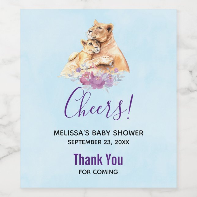 Cute Watercolor Mother Lion & Cub Baby Shower Wine Label (Single Label)