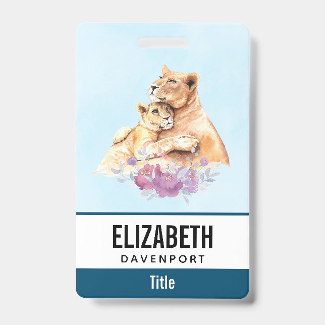 Cute Watercolor Mother Lion & Cub Badge (Front)
