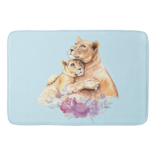 Cute Watercolor Mother Lion & Cub Bath Mat