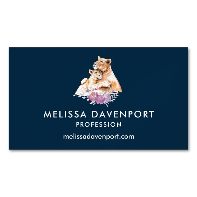 Cute Watercolor Mother Lion & Cub Business Card Magnet (Front)