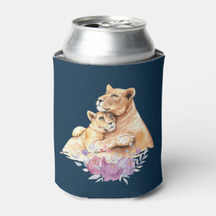 Cute Watercolor Mother Lion & Cub Can Cooler