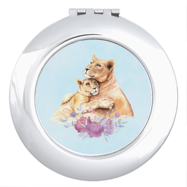 Cute Watercolor Mother Lion & Cub Compact Mirror (Front)