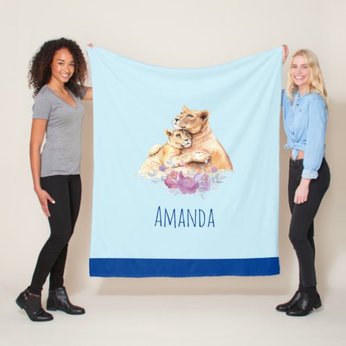 Cute Watercolor Mother Lion  Cub Fleece Blanket