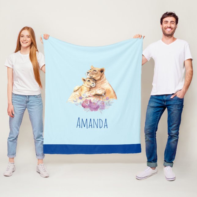 Cute Watercolor Mother Lion & Cub Fleece Blanket (In Situ)
