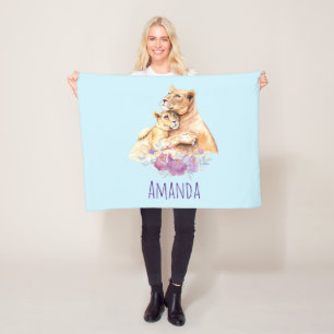 Cute Watercolor Mother Lion & Cub Fleece Blanket