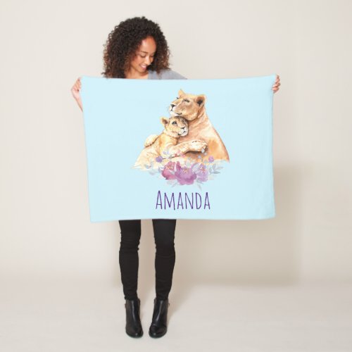 Cute Watercolor Mother Lion  Cub Fleece Blanket