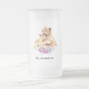 Cute Watercolor Mother Lion & Cub Frosted Glass Beer Mug